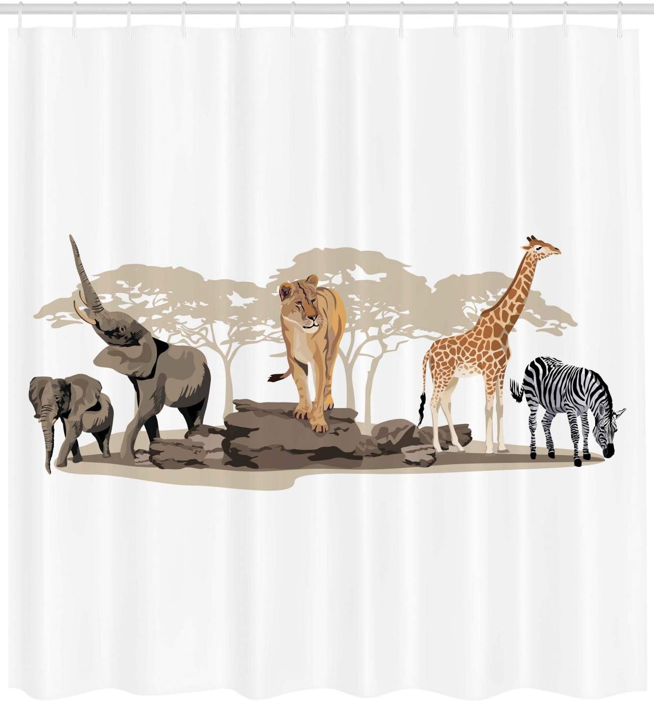 image:imageAmbesonne Savannah Shower Curtain Cartoon Illustration of Wild Savannahs Animals Exotic Giraffe Lion Zebra Print Cloth Fabric Bathroom Decor Set with Hooks 69 W x 75 L Brown Beige