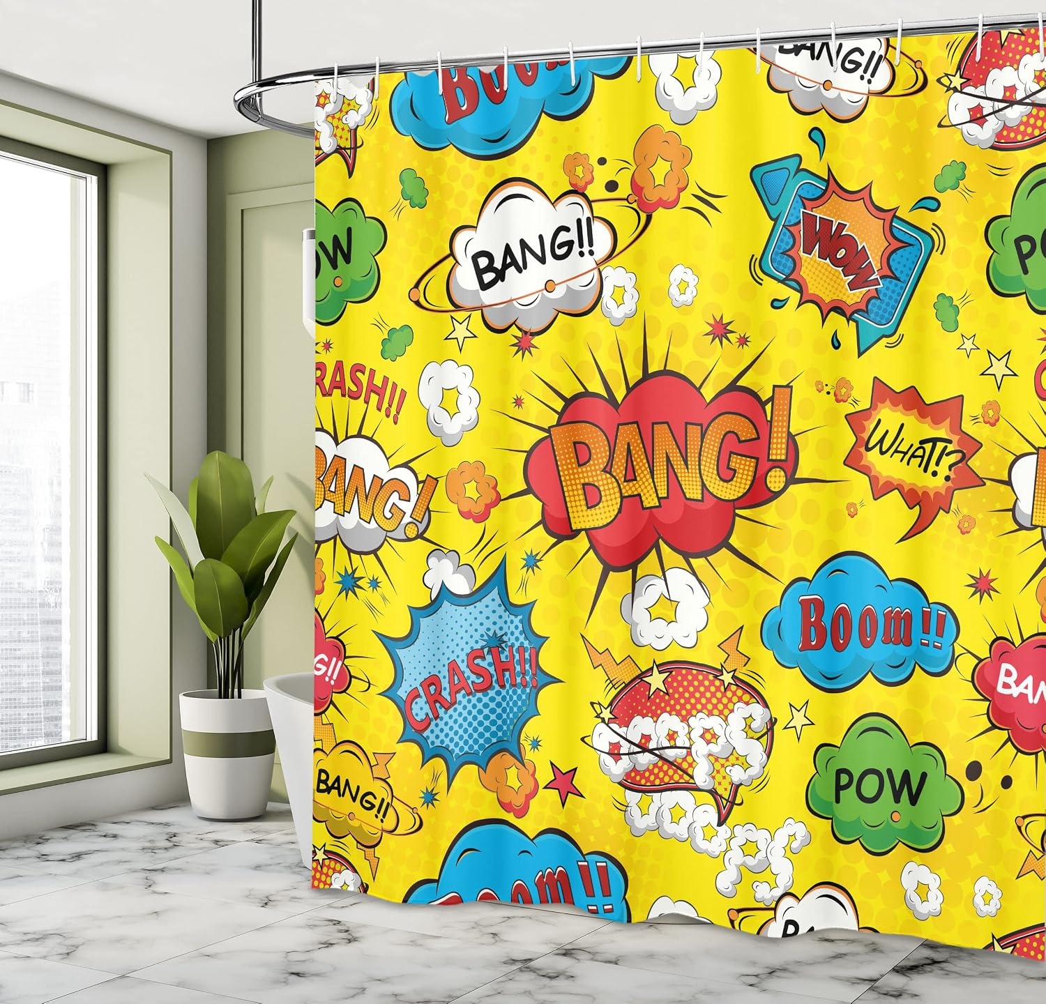 image:imageAmbesonne Superhero Shower Curtain Humor Speech Bubbles Funky Vivid Bang Boom Bam Pow Fiction Design Cloth Fabric Bathroom Decor Set with Hooks 69 W x 75 L Yellow Red69W x 70L Pack of 1