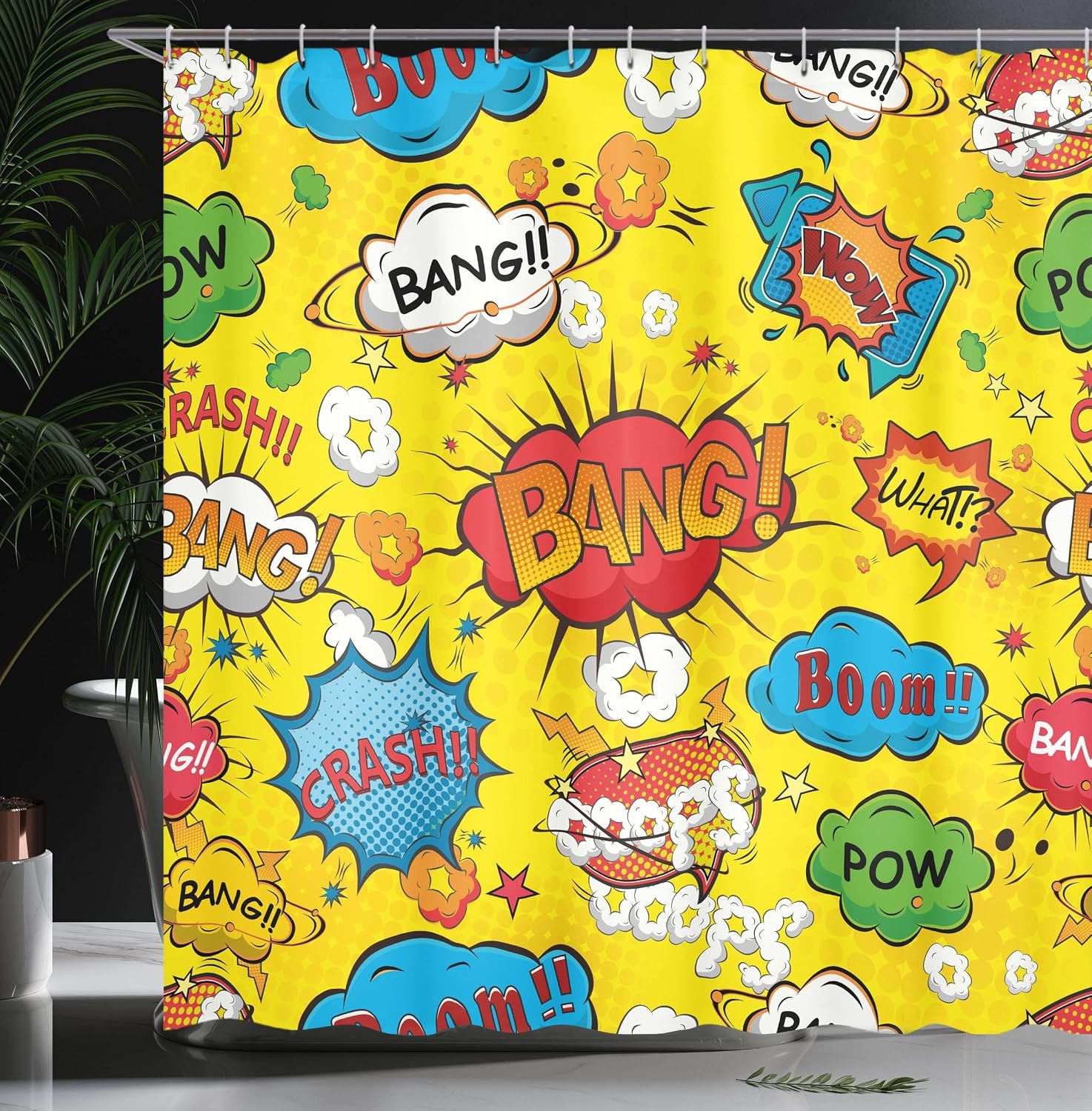 image:imageAmbesonne Superhero Shower Curtain Humor Speech Bubbles Funky Vivid Bang Boom Bam Pow Fiction Design Cloth Fabric Bathroom Decor Set with Hooks 69 W x 75 L Yellow Red69W x 70L Pack of 1