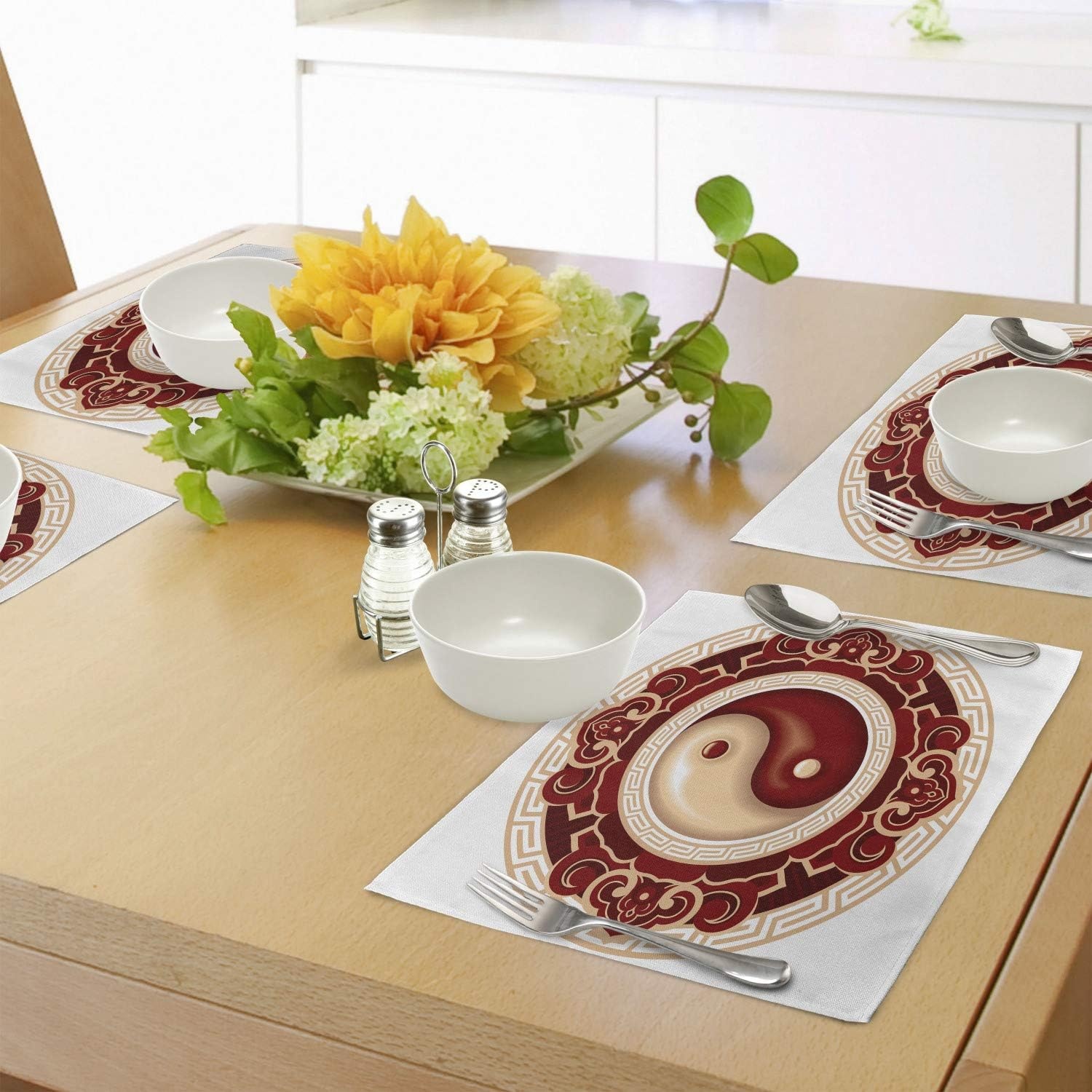 image:imageAmbesonne Ying Yang Place Mats Set of 4 Traditional Cultural Floral Ornamental Patterns Balance Washable Fabric Placemats for Dining Table Standard Size Maroon White