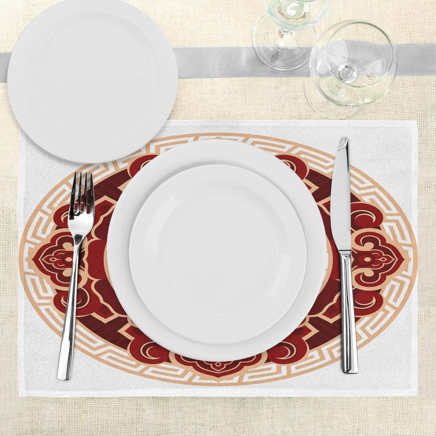 image:imageAmbesonne Ying Yang Place Mats Set of 4 Traditional Cultural Floral Ornamental Patterns Balance Washable Fabric Placemats for Dining Table Standard Size Maroon White