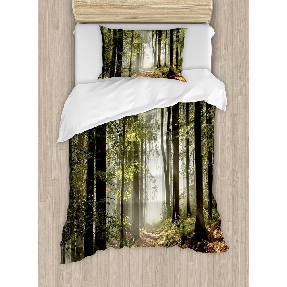 image:imageAmbesonne Halloween Duvet Cover Set Funny Bat with Plate Boo Fangs Scare Frighten Seasonal Cartoon Print Decorative 2 Piece Bedding Set with 1 Pillow Sham Twin Size White OrangeBrown Green