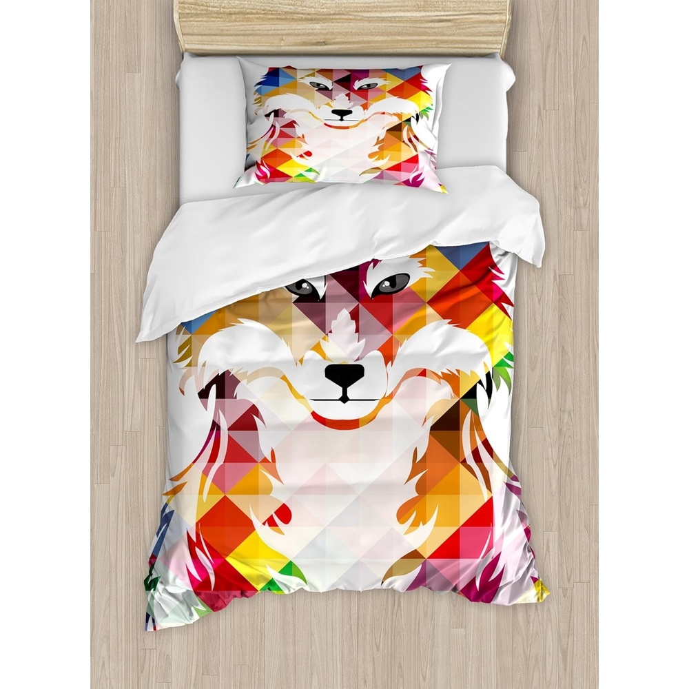 image:imageAmbesonne Halloween Duvet Cover Set Funny Bat with Plate Boo Fangs Scare Frighten Seasonal Cartoon Print Decorative 2 Piece Bedding Set with 1 Pillow Sham Twin Size White OrangeBlue Red