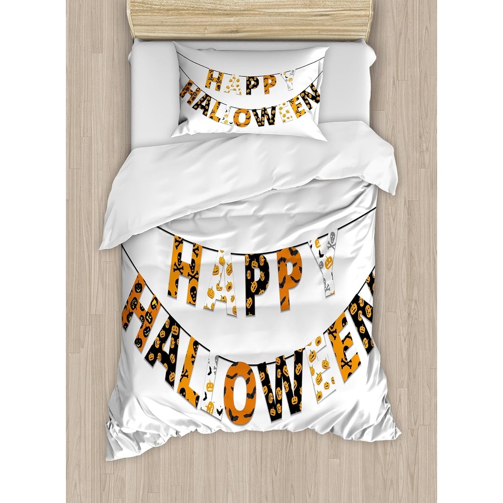 image:imageAmbesonne Halloween Duvet Cover Set Funny Bat with Plate Boo Fangs Scare Frighten Seasonal Cartoon Print Decorative 2 Piece Bedding Set with 1 Pillow Sham Twin Size White OrangeOrange Black White
