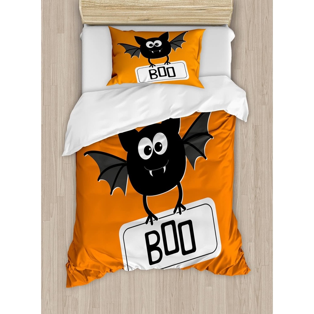 image:imageAmbesonne Halloween Duvet Cover Set Funny Bat with Plate Boo Fangs Scare Frighten Seasonal Cartoon Print Decorative 2 Piece Bedding Set with 1 Pillow Sham Twin Size White OrangeWhite Orange