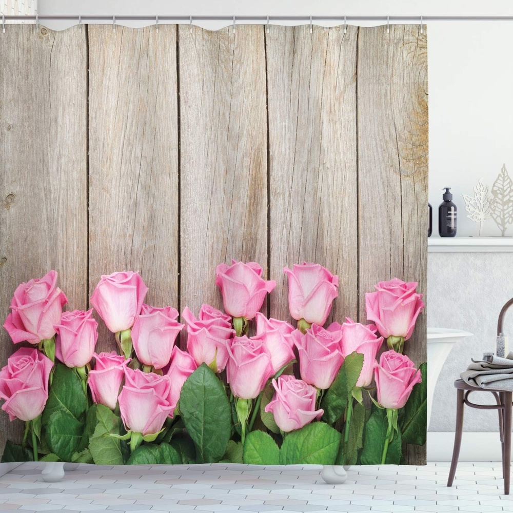 image:imageAmbesonne Rose Shower Curtain Valentines Day Background with Pink Roses Over Wooden Table Top View Picture Cloth Fabric Bathroom Decor Set with Hooks 69 W x 75 L Pink Green