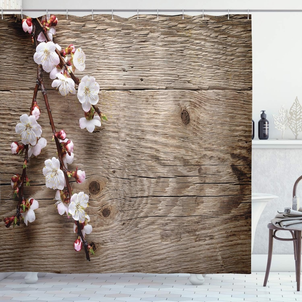 image:imageAmbesonne Rustic Shower Curtain Romantic Springtime Cherry Blossom Branch Over an Old Table Love Valentines Day Cloth Fabric Bathroom Decor Set with Hooks 69 W x 84 L Brown White69 W x 75 L