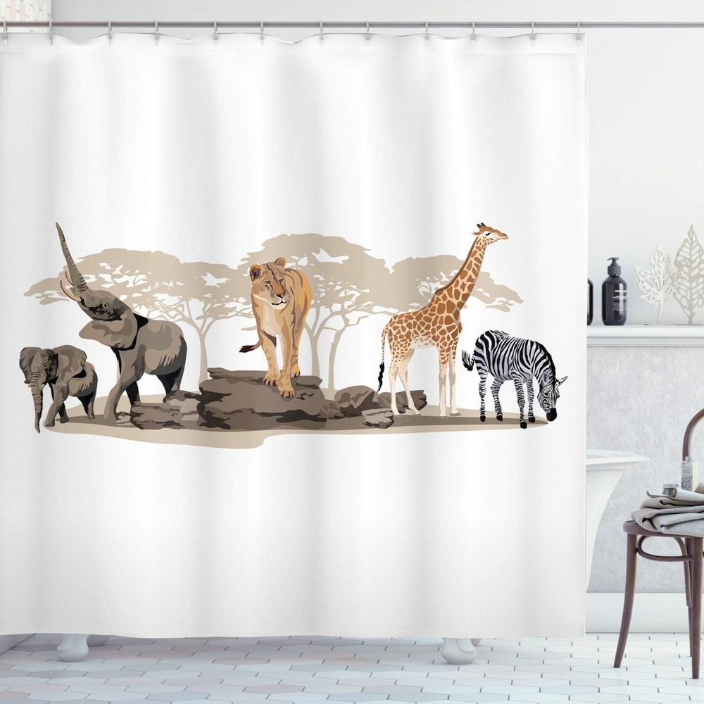 image:imageAmbesonne Savannah Shower Curtain Cartoon Illustration of Wild Savannahs Animals Exotic Giraffe Lion Zebra Print Cloth Fabric Bathroom Decor Set with Hooks 69 W x 75 L Brown Beige