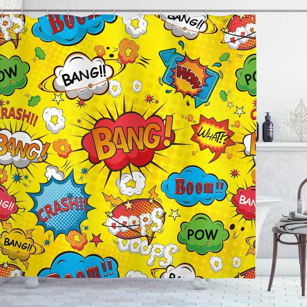 image:imageAmbesonne Superhero Shower Curtain Humor Speech Bubbles Funky Vivid Bang Boom Bam Pow Fiction Design Cloth Fabric Bathroom Decor Set with Hooks 69 W x 75 L Yellow Red69W x 75L Pack of 1