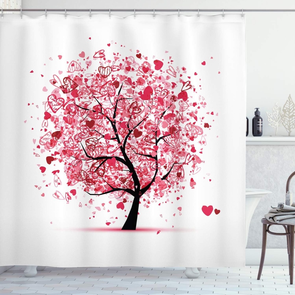 image:imageAmbesonne Tree of Life Shower Curtain Ornate Valentine Tree with Swirled Hearts and Doodles in Love Future Couple Cloth Fabric Bathroom Decor Set with Hooks 69 W x 70 L White Pink69W x 70L Pack of 1