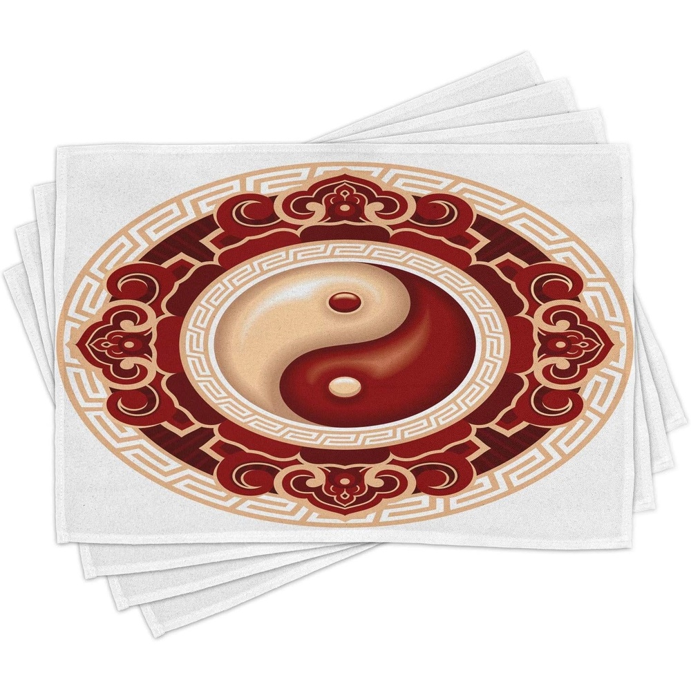 image:imageAmbesonne Ying Yang Place Mats Set of 4 Traditional Cultural Floral Ornamental Patterns Balance Washable Fabric Placemats for Dining Table Standard Size Maroon White