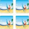 Ambesonne Christmas Coaster Set of 4, Santa Claus on The Beach with Surfboard Summer Party Celebration Tropical Art, Square Hardboard Gloss Coasters, Standard Size, Yellow Blue