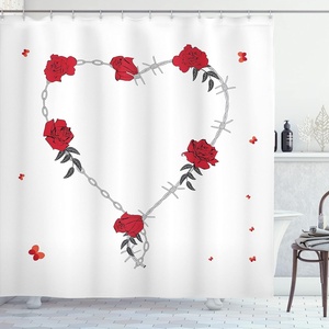 Ambesonne Barbed Wire Shower Curtain, Valentine Background with Heart Roses Chain Barbed Wire and Butterflies, Cloth Fabric Bathroom Decor Set with Hooks, 69″ W x 84″ L, Red Grey(69″W x 75″L (Pack of 1))