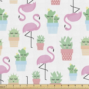 Ambesonne Cactus Fabric by The Yard, Flamingos and Sleeping Plants in Pots Cartoon Pattern Tropical Bird, Decorative Fabric for Upholstery and Home Accents, 1 Yard, Pink Green(Pink Green)