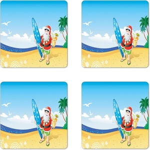 Ambesonne Christmas Coaster Set of 4, Santa Claus on The Beach with Surfboard Summer Party Celebration Tropical Art, Square Hardboard Gloss Coasters, Standard Size, Yellow Blue