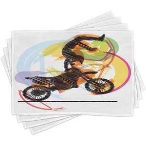Ambesonne Motorcycle Place Mats Set of 4, Sketch of Biker Performing Image on Abstract Colorful Background Modern Print, Washable Fabric Placemats for Dining Table, Standard Size, Yellow Black