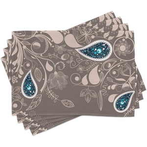 Ambesonne Paisley Place Mats Set of 4, Oriental Motifs with Swirled Branch and Flower Pattern Bohemian Art, Washable Fabric Placemats for Dining Table, Standard Size, Pale Brown Blue