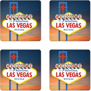 Ambesonne USA Coaster Set of 4, Welcome to Fabulous Las Vegas Nevada Sign Detailed Picture Traveler Urban Road Design, Square Hardboard Gloss Coasters, Standard Size, Navy Red(Navy Red)