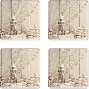 Ambesonne USA Coaster Set of 4, Welcome to Fabulous Las Vegas Nevada Sign Detailed Picture Traveler Urban Road Design, Square Hardboard Gloss Coasters, Standard Size, Navy Red(Beige Cream)