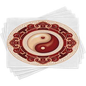 Ambesonne Ying Yang Place Mats Set of 4, Traditional Cultural Floral Ornamental Patterns Balance, Washable Fabric Placemats for Dining Table, Standard Size, Maroon White