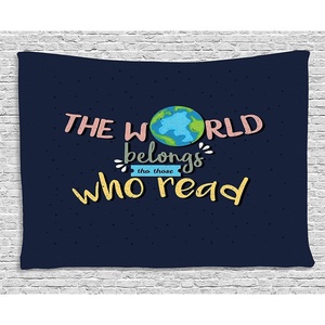 Ambesonne Book Tapestry, World Belongs to Those Who Read Inspirational Words Print on Dark Blue Background, Wide Wall Hanging for Bedroom Living Room Dorm, 80″ X 60″, Navy Blue