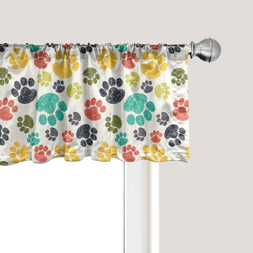 image:imageAmbesonne Dog Lover Window Valance Hand Drawn Paw Print Doodles Circular Pattern Drawing Style Animal Curtain Valance for Kitchen Bedroom Decor with Rod Pocket 54 X 18 Charcoal Beige