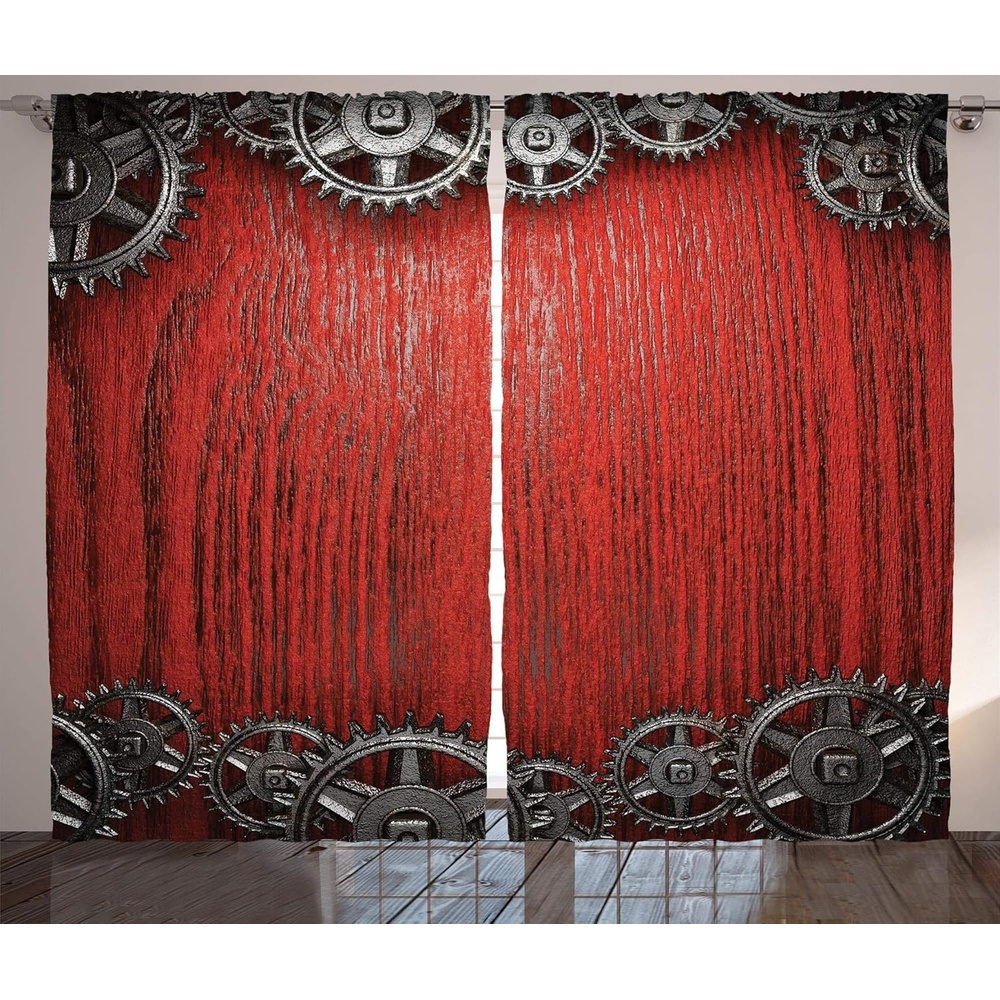 image:imageAmbesonne Industrial Curtains Gear Wheels on The Wooden Background Penal Cogwheel Clockwork Arrangement Living Room Bedroom Window Drapes 2 Panel Set 108 X 84 Red Grey Black108W x 84L Pack of 2