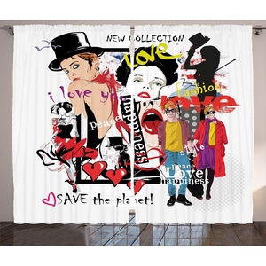 Ambesonne Hipster Curtains, Fashion Collage Happiness Love Theme Classy Hipster Model and Words Art, Living Room Bedroom Window Drapes 2 Panel Set, 108″ X 108″, Multicolor(108″W x 108″L (Pack of 2))