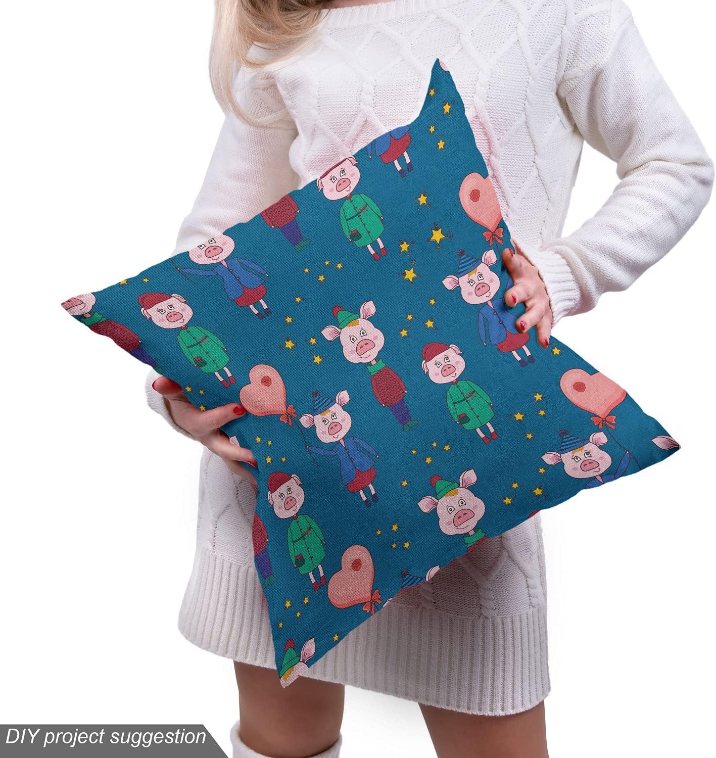 image:imageAmbesonne Cartoon Fabric by The Yard Images of Pink Pigs Wearing Clothes and Balloons Hearts Along Yellow Stars Decorative Fabric for Upholstery and Home Accents 1 Yard Pink BluePink Blue