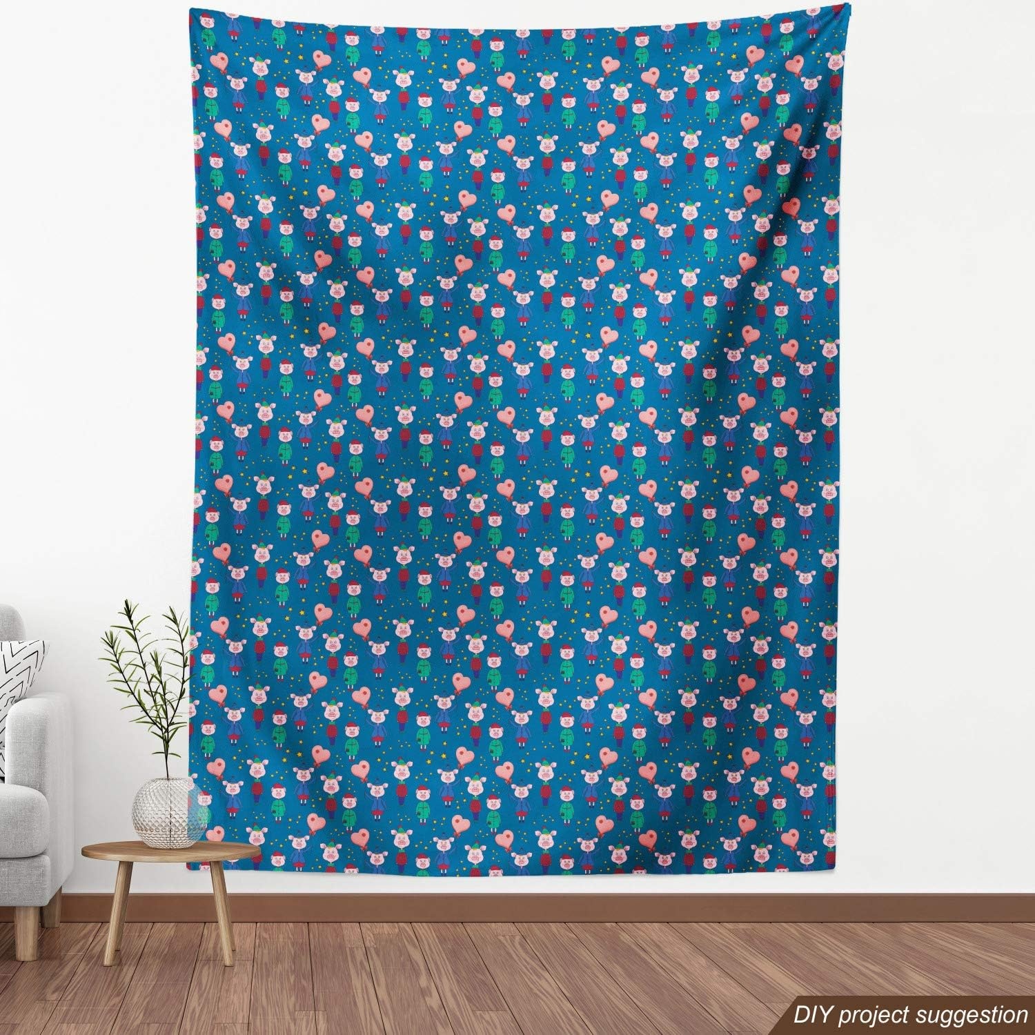image:imageAmbesonne Cartoon Fabric by The Yard Images of Pink Pigs Wearing Clothes and Balloons Hearts Along Yellow Stars Decorative Fabric for Upholstery and Home Accents 1 Yard Pink BluePink Blue