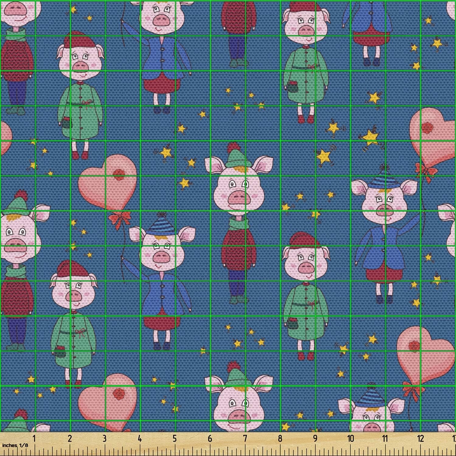 image:imageAmbesonne Cartoon Fabric by The Yard Images of Pink Pigs Wearing Clothes and Balloons Hearts Along Yellow Stars Decorative Fabric for Upholstery and Home Accents 1 Yard Pink BluePink Blue
