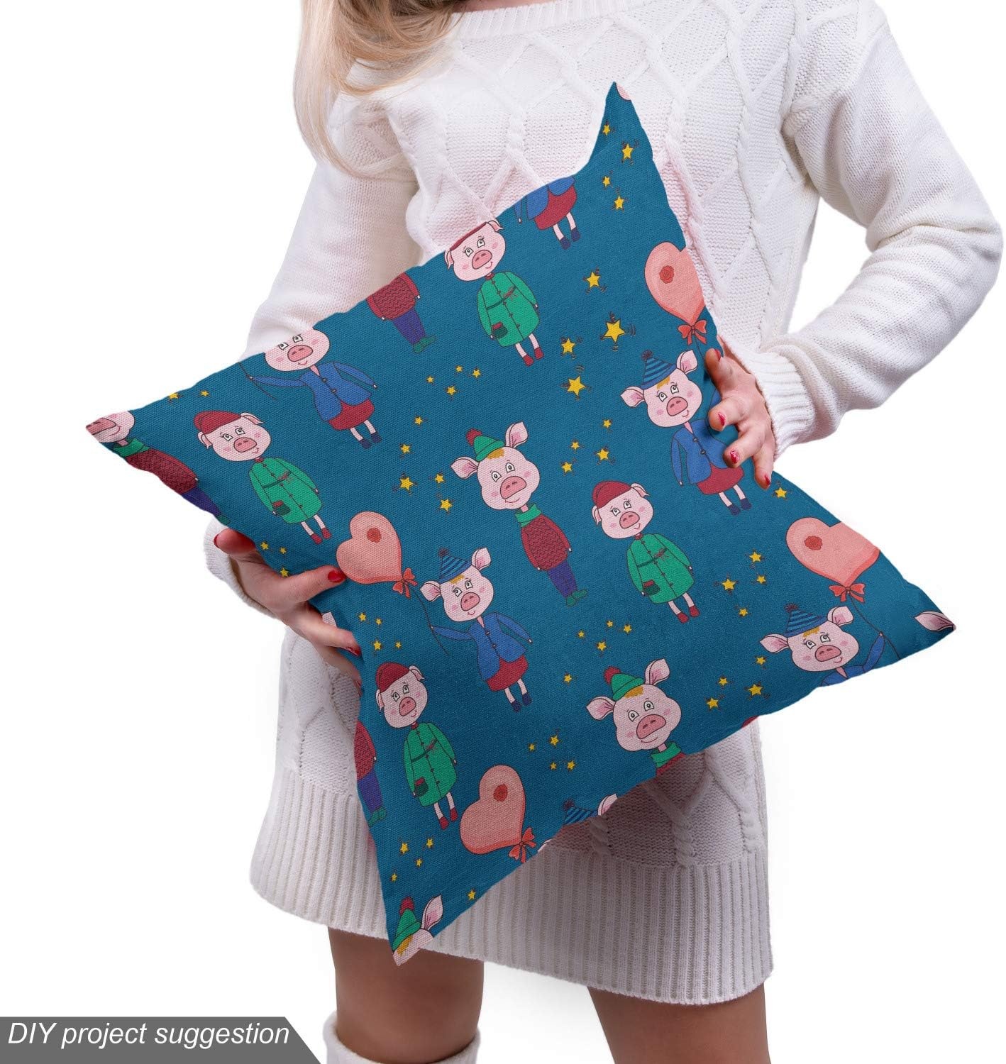 image:imageAmbesonne Cartoon Fabric by The Yard Images of Pink Pigs Wearing Clothes and Balloons Hearts Along Yellow Stars Decorative Fabric for Upholstery and Home Accents 1 Yard Pink BluePink Blue