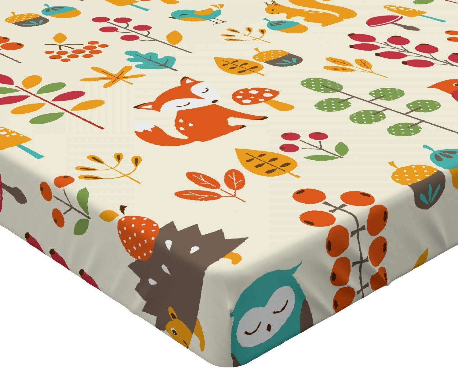 image:imageAmbesonne Cartoon Fitted Sheet Autumn Pattern Owl Fox Squirrel Birds Animal Leaves Print Soft Decorative Fabric Bedding AllRound Elastic Pocket Twin Size Cream Orange