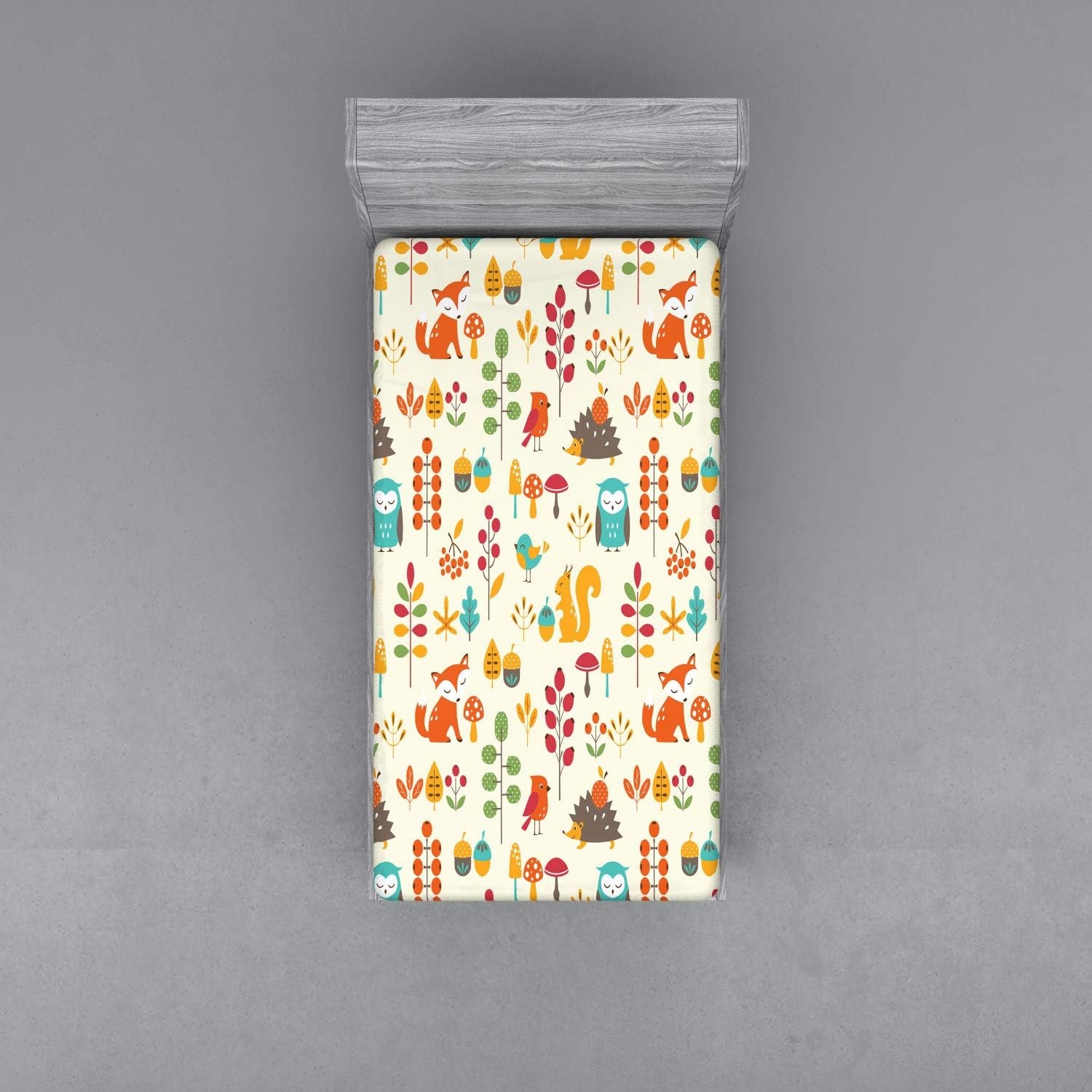image:imageAmbesonne Cartoon Fitted Sheet Autumn Pattern Owl Fox Squirrel Birds Animal Leaves Print Soft Decorative Fabric Bedding AllRound Elastic Pocket Twin Size Cream Orange