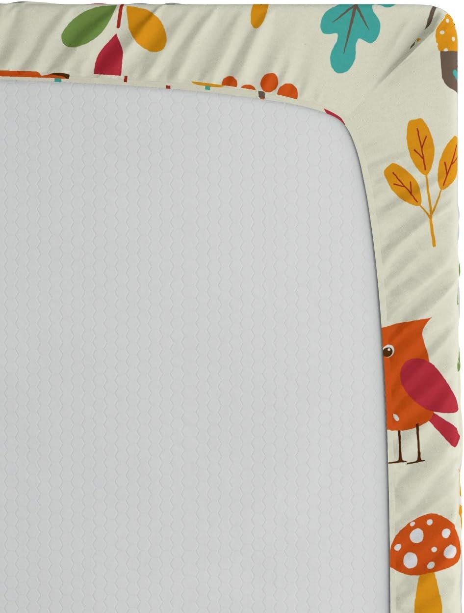 image:imageAmbesonne Cartoon Fitted Sheet Autumn Pattern Owl Fox Squirrel Birds Animal Leaves Print Soft Decorative Fabric Bedding AllRound Elastic Pocket Twin Size Cream Orange