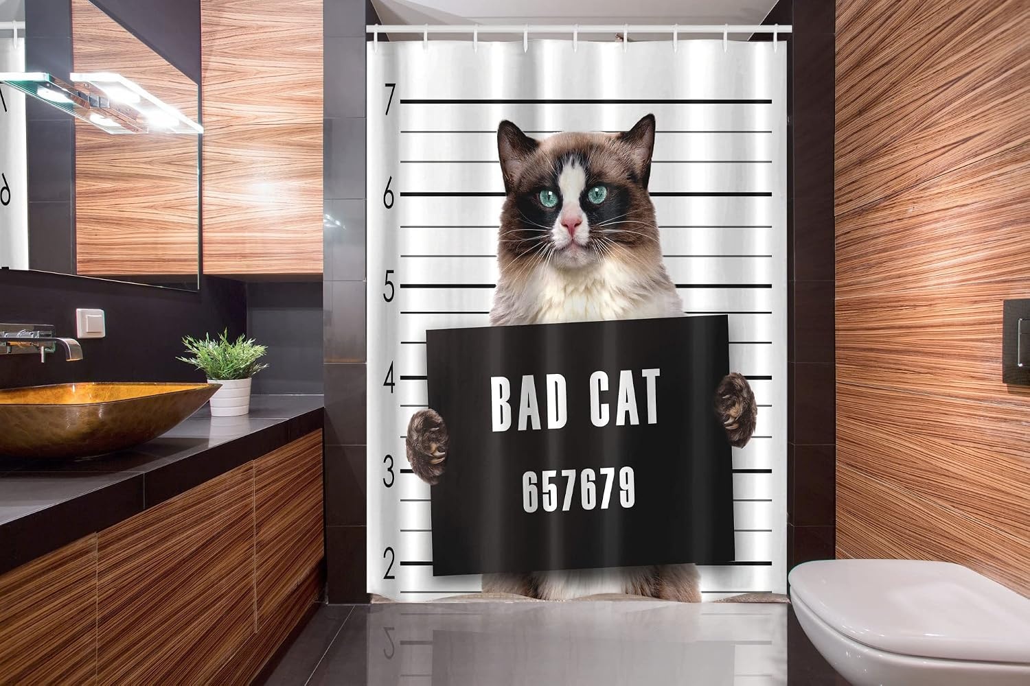 image:imageAmbesonne Cat Stall Shower Curtain Bad Gang Cat in Jail Kitty Under Arrest Criminal Prisoner Hangover Work Fabric Bathroom Decor Set with Hooks 54 W x 78 L Brown Black White