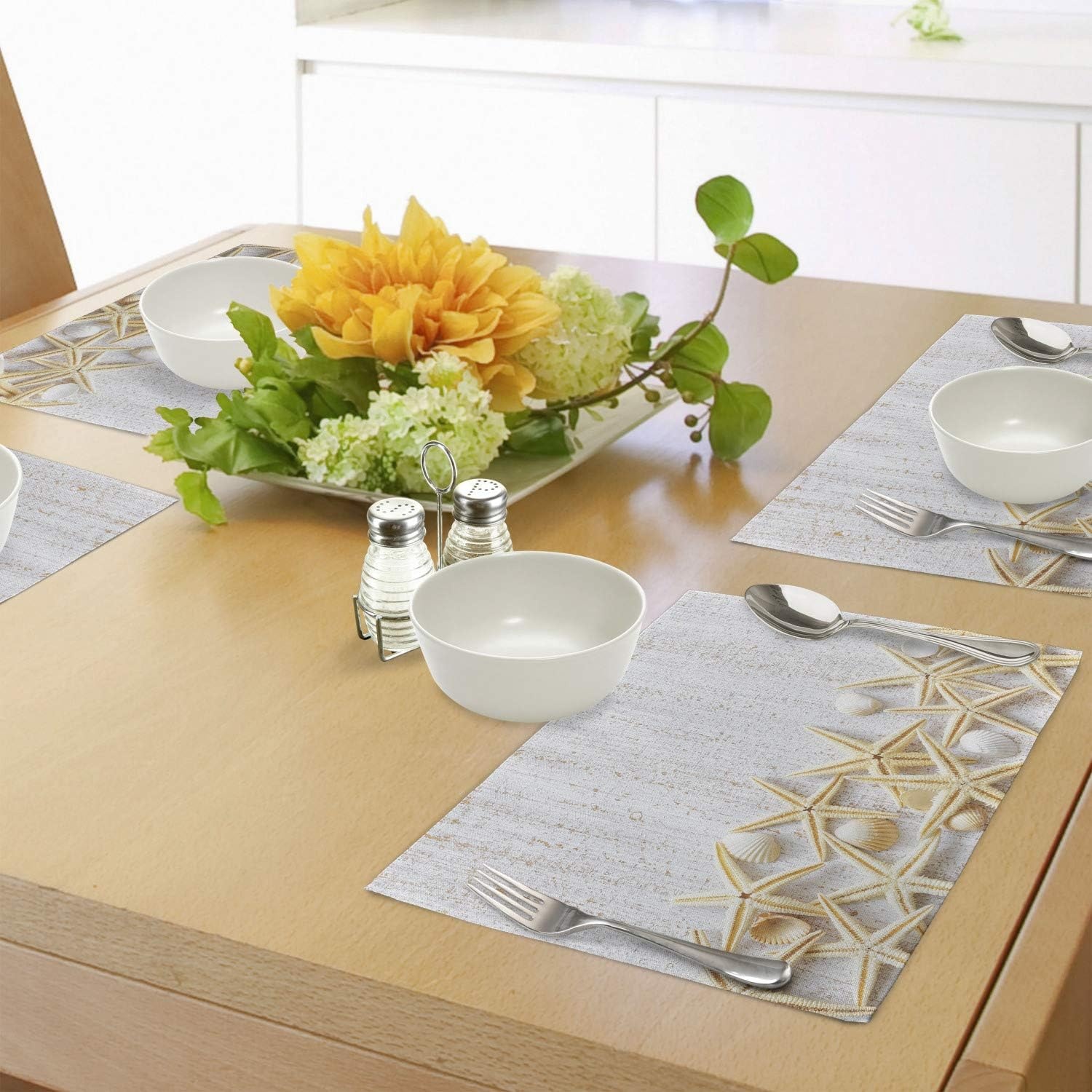 image:imageAmbesonne Seashells Place Mats Set of 4 Sea Shells on Timber Pattern Tropical Honeymoon Getaways Classic Marine Theme Washable Fabric Placemats for Dining Room Kitchen Table Decor Pearl Ivory