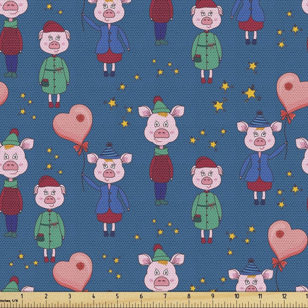 image:imageAmbesonne Cartoon Fabric by The Yard Images of Pink Pigs Wearing Clothes and Balloons Hearts Along Yellow Stars Decorative Fabric for Upholstery and Home Accents 1 Yard Pink BluePink Blue
