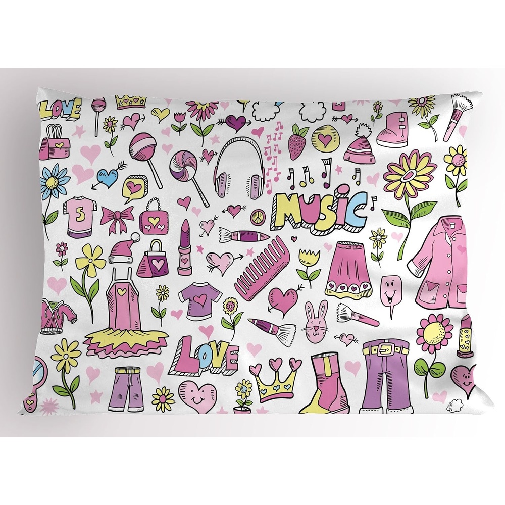 image:imageAmbesonne Cartoon Pillow Sham Spring Cartoon Girlie Doodle Style Illustration Clothes Cellphone Makeup Decorative Standard Size Printed Pillowcase 26 X 20 Pink Purple YellowPink Purple Yellow