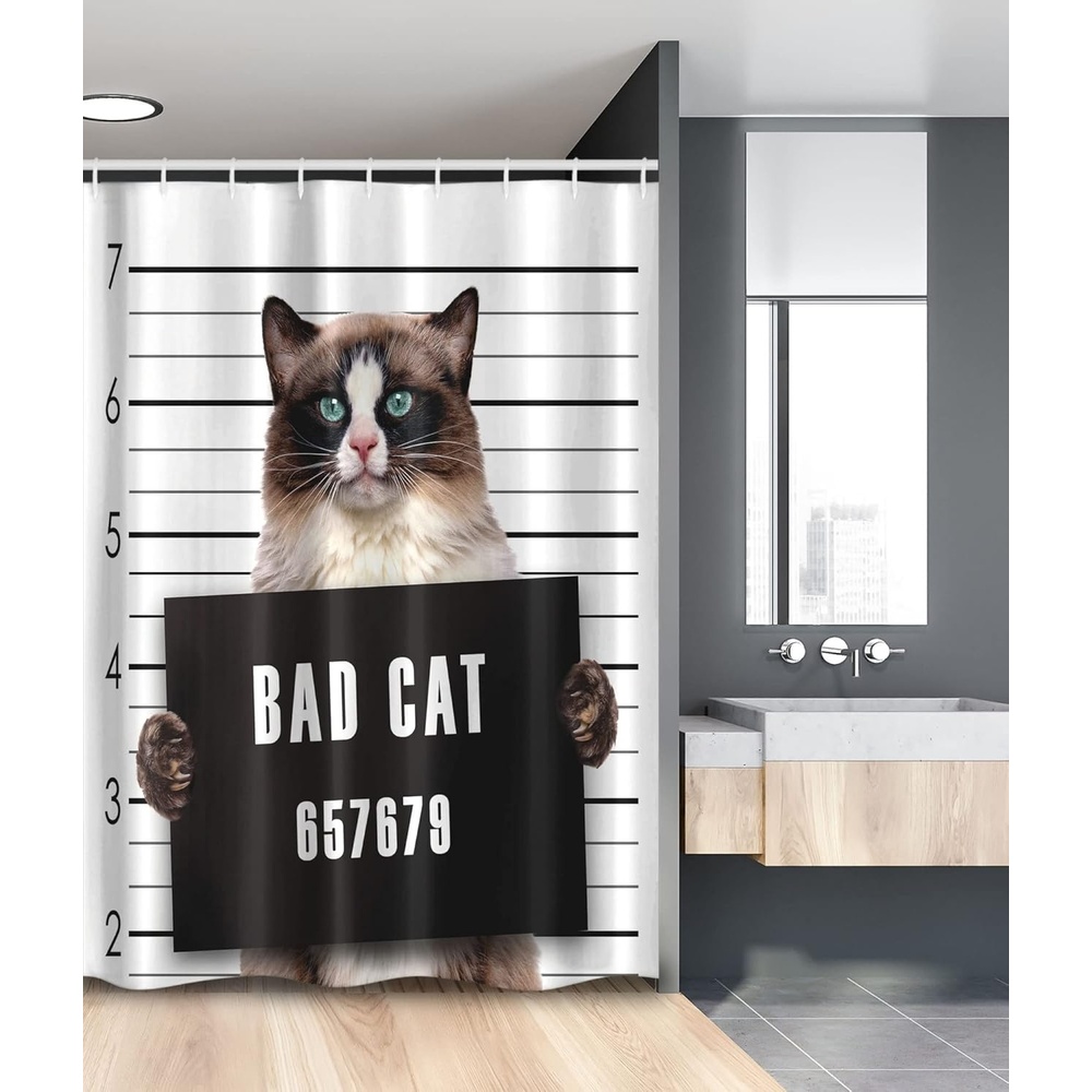 image:imageAmbesonne Cat Stall Shower Curtain Bad Gang Cat in Jail Kitty Under Arrest Criminal Prisoner Hangover Work Fabric Bathroom Decor Set with Hooks 54 W x 78 L Brown Black White