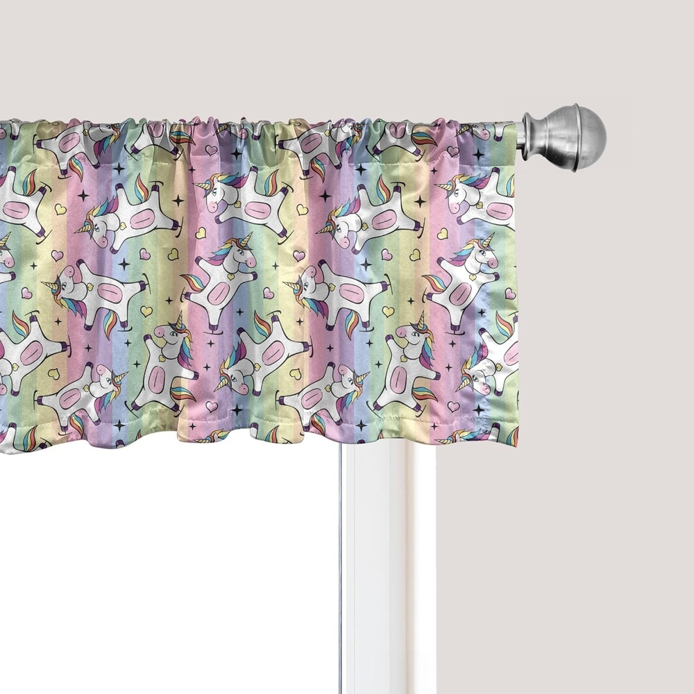 image:imageAmbesonne Rainbow Window Valance Cartoon Drawing of Unicorn Ice Skating Curtain Valance for Kitchen Bedroom Decor with Rod Pocket 54 X 18 Pastel Purple
