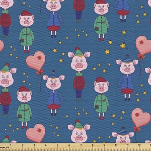 Ambesonne Cartoon Fabric by The Yard, Images of Pink Pigs Wearing Clothes and Balloons Hearts Along Yellow Stars, Decorative Fabric for Upholstery and Home Accents, 1 Yard, Pink Blue(Pink Blue)