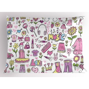 Ambesonne Cartoon Pillow Sham, Spring Cartoon Girlie Doodle Style Illustration Clothes Cellphone Makeup, Decorative Standard Size Printed Pillowcase, 26″ X 20″, Pink Purple Yellow(Pink Purple Yellow)