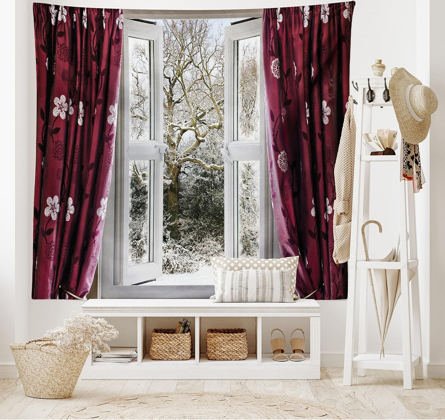 image:imageAmbesonne Winter Tapestry Open Window View to a Snowy Winter Scenery Pattern Drapes Frosty Wide Wall Hanging for Bedroom Living Room Dorm 60 X 40 Maroon White