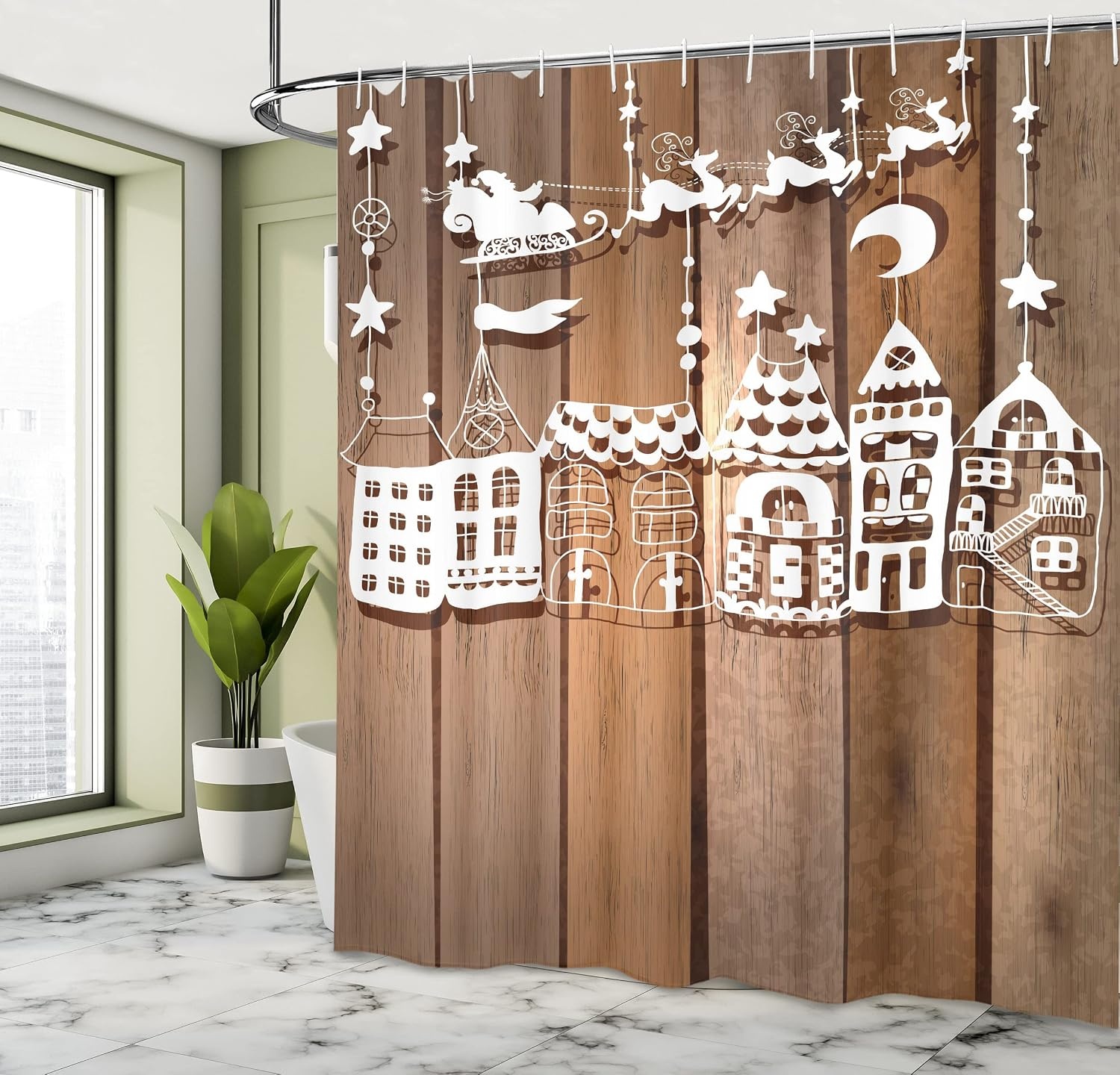 image:imageAmbesonne Christmas Shower Curtain Wood Rustic Design Holiday Season Santa Claus in Sleigh House Paper Art Print Cloth Fabric Bathroom Decor Set with Hooks 69 W x 70 L White Brown69 W x 70 L