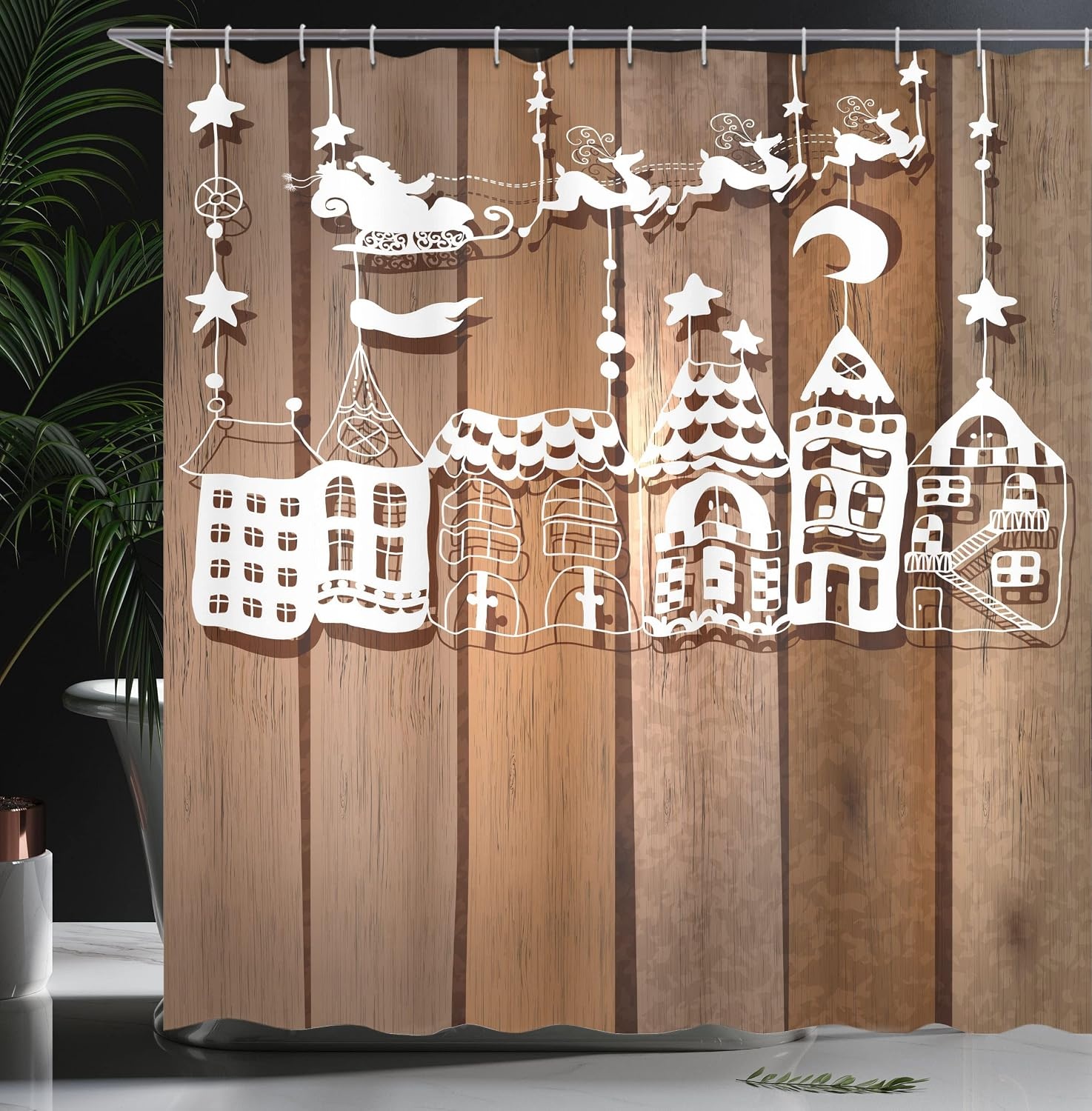 image:imageAmbesonne Christmas Shower Curtain Wood Rustic Design Holiday Season Santa Claus in Sleigh House Paper Art Print Cloth Fabric Bathroom Decor Set with Hooks 69 W x 70 L White Brown69 W x 70 L