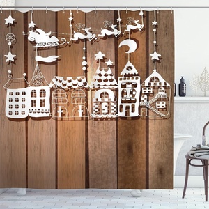 Ambesonne Christmas Shower Curtain, Wood Rustic Design Holiday Season Santa Claus in Sleigh House Paper Art Print, Cloth Fabric Bathroom Decor Set with Hooks, 69″ W x 70″ L, White Brown(69″ W x 70″ L)