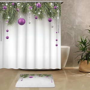 Ambesonne Christmas Shower Curtain & Bath Mat Bundle, Tree with Tinsel and Ball with Present Wrap Ribbon Celebration Picture, Set of 2 with a Bathroom Drape and Plush Mat for Decor, Purple Grey Green