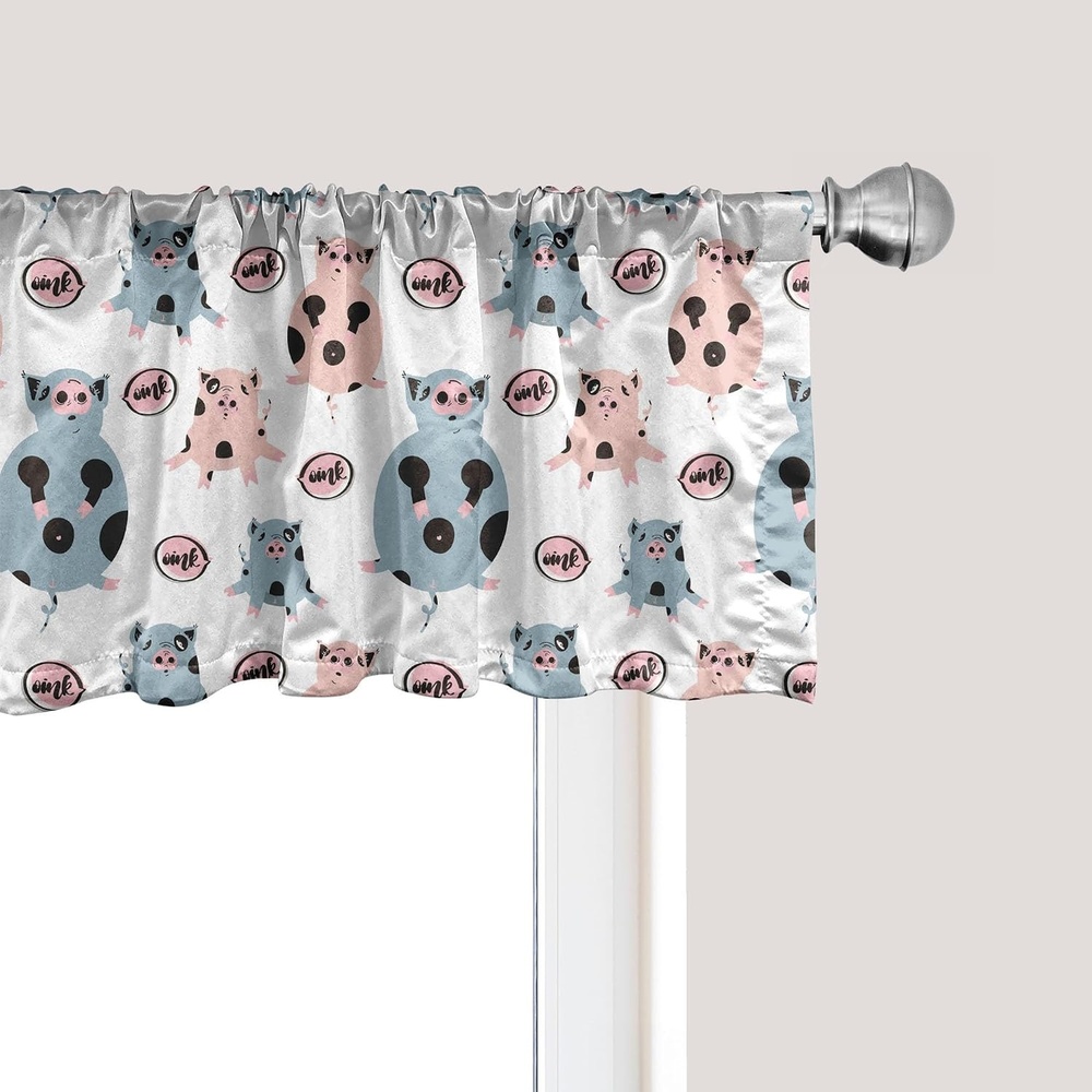 image:imageAmbesonne Farm Animal Window Valance Repetitive Pattern of Cartoon Pigs Curtain Valance for Kitchen Bedroom Decor with Rod Pocket 54 X 18 Blue Grey Blush