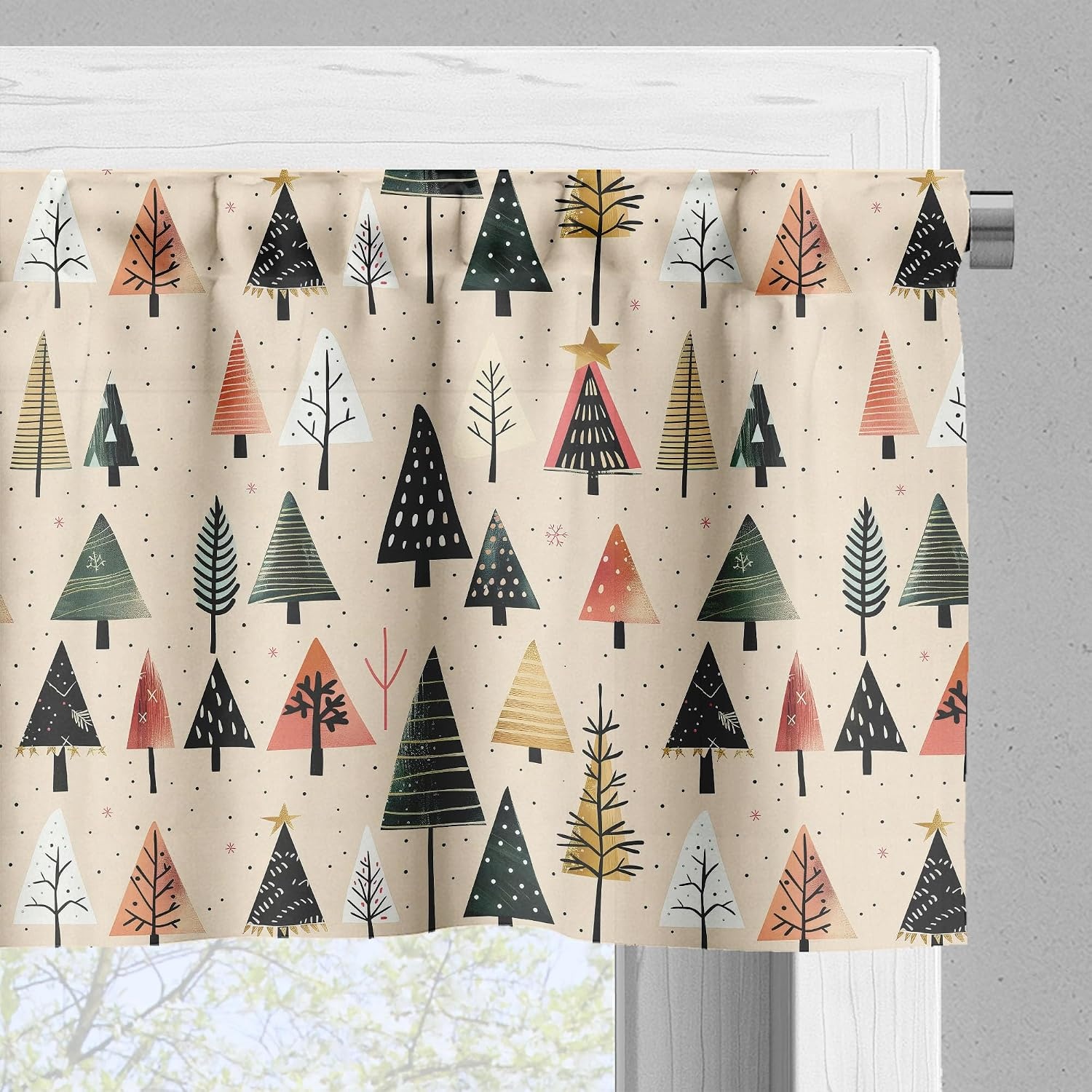 image:imageAmbesonne Christmas Valance and Curtain 3 pcs Set Modern Abstract Pine Trees Xmas Theme Dotted Background Print Window Treatments for Kitchen Room Decor 55 x 24 Beige Forest Green and Coral